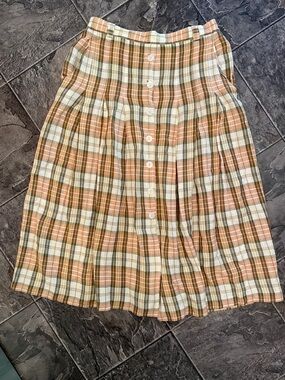 GARDEUR Vintage Linen Button-Front Plaid Peach Cream Cottagecore Midi Skirt